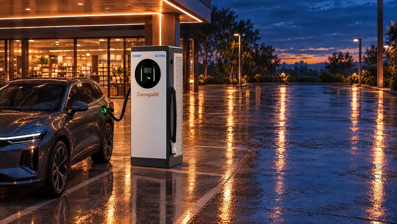 Estação de recarga DC CHINT de frente branca num posto ao anoitecer, com a cobertura iluminada e um carro elétrico carregando